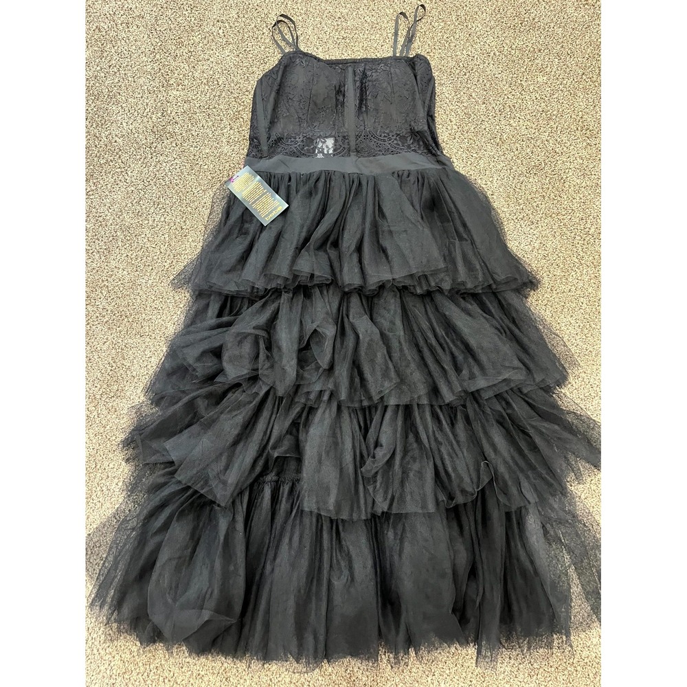 Bebe Tulle Corset Midi Dress Women Large Black Lace Tiered Ruffle Party Back Zip